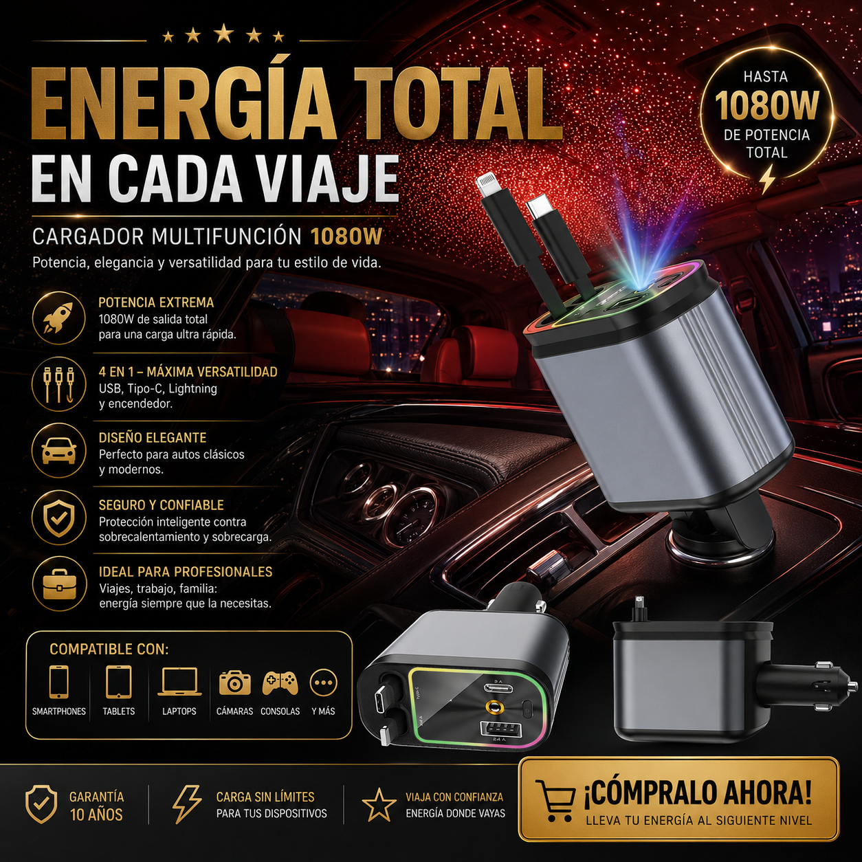 Cargador inteligente para coche de alta calidad e integrado para Android, de 1 a 5 salidas.